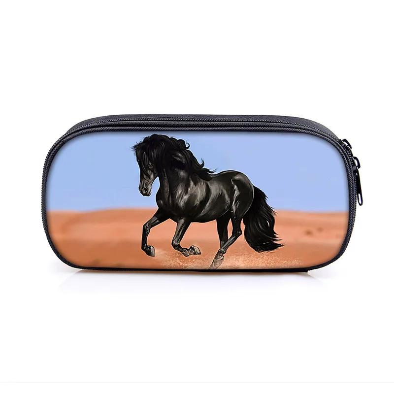 Galloping Animal Black Horse Print Pencil Bag Ladies Cosmetic Bags For Young Boys Girls Pencil Case Children School Supplies