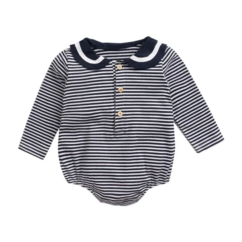 

Baby Girl Striped Pattern Navy Collar Rompers Long Sleeve Triangle Romper Fashion Novel Creative Design Romper Cool