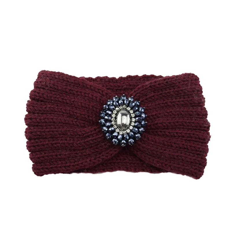 New Women Crystal Flower Headband Crochet Headwrap Casual elastic Hairband Knitting Beanies Turban Winter Knitted Headbands - Цвет: violet red