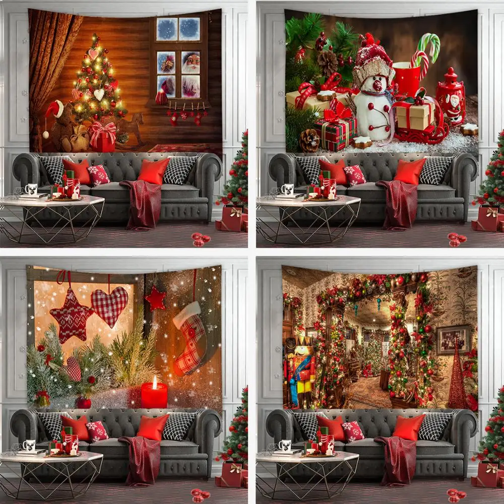 Christmas Tree Print Tapestry Wall Hanging Background Cloth Decor Red Santa Claus Polyester Home Room Decoration | Дом и сад