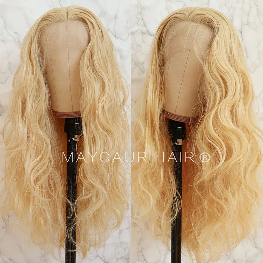 Maycaur Loose Wavy Blonde Color Lace Front Wig with Baby Hair Free Part Glueless Synthetic Lace Front Wigs for Black Women (2)