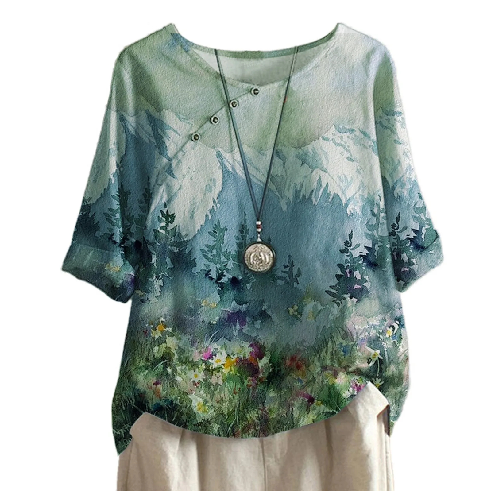 T-shirt female Women Autumn Tops Plus Size Button Flower 3/4 Sleeve Linen T-shirt Loose Crew Neck Harajuku Tops Рубашки 2