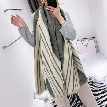 

Cashmere Scarf Women Winter Geometry Striped Scarves Ladies Neck Warmer Thicken Long Shawis And Wraps Foulard Femme Pashmina