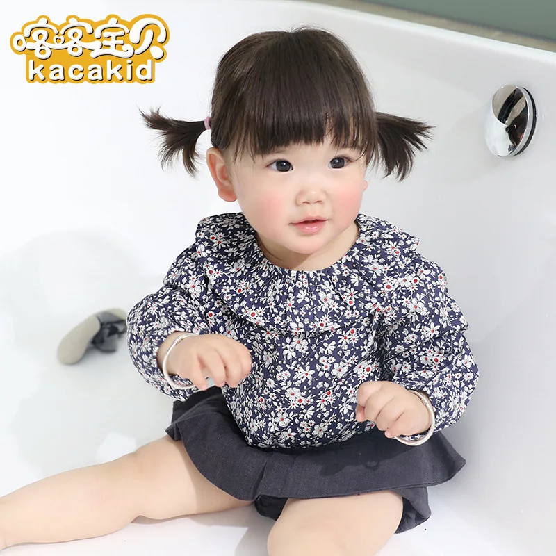 

Spring New Style Childrenswear Sweet Girls Lapel Shirt Floral-Print Puff Sleeve Literature And Art gong zhu shan Baby Long-sleev