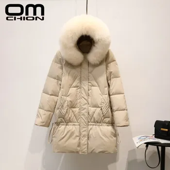 

OMCHION 2019 White Down Coat Women Jacket Winter Warm Big Fur Collar Hooded Parka Female Casual Thicken Outwear Coats LMJ143
