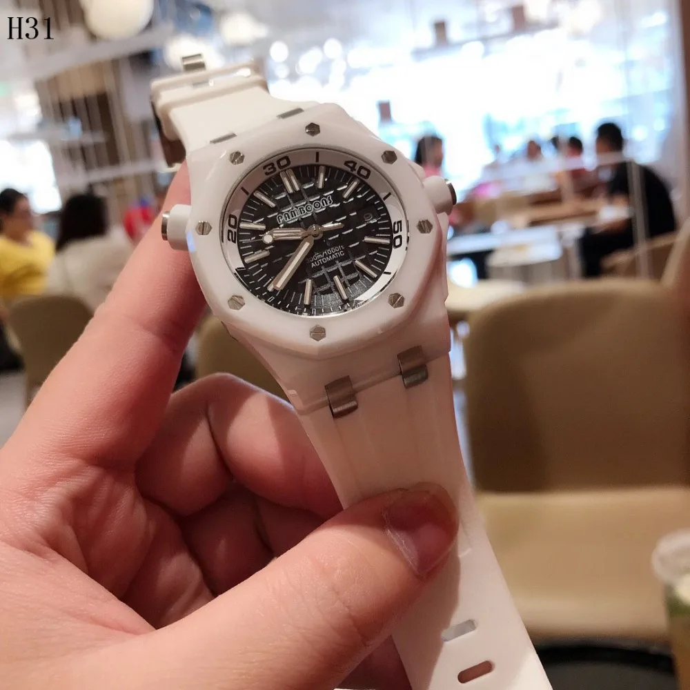Men Watch Ceramics Case Watches Automatic Movt Wristwatches White Rubber Full White relogio masculino Waterproof Watches Luxury