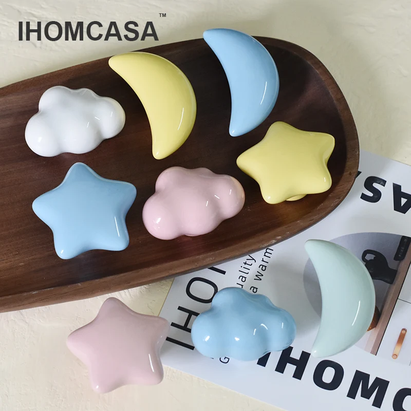 Furniture handles Ceramic Clouds Stars Moon Hook And Handle Drawer Knobs Dresser Drawer Knob Wall Cabinet Door