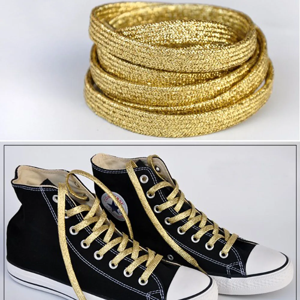 Cordones planos brillantes para zapatillas deportivas, 1 par de cordones deportivos para perezosos de 115cm, dorados, plateados y negros