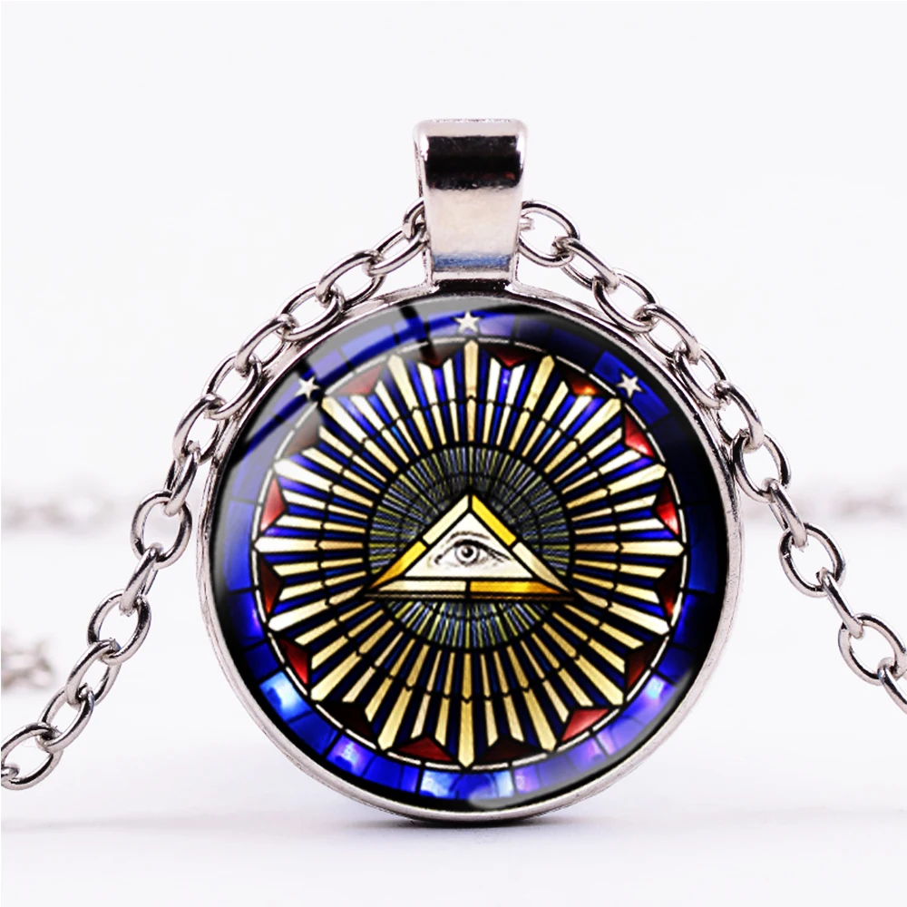 Illuminati Masonic Glass Cabochon Pendant Freemason Antique Bronze pin hat 