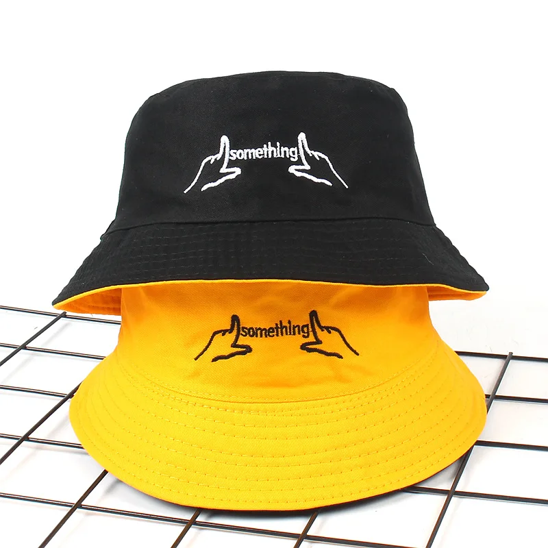 

Double Sided Wear Finger Something Embroidery Panama Bucket Hat Men Women Summer Bucket Cap Hip Hop Hat Fisherman Hat
