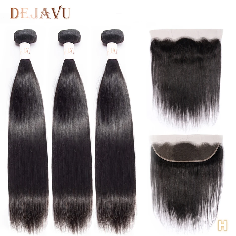

DEJAVU Straight Hair Bundles With Closure Non-Remy Human Hair 3 Bundles With 4*4 Lace Closure Malaysian Bundles With Frontal