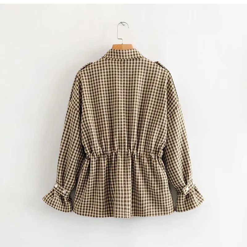 

Autumn New Style Korean-style-Style Retro Plaid Casual Drawstring Waist Hugging Slimming Jacket Women's Fashion Tops