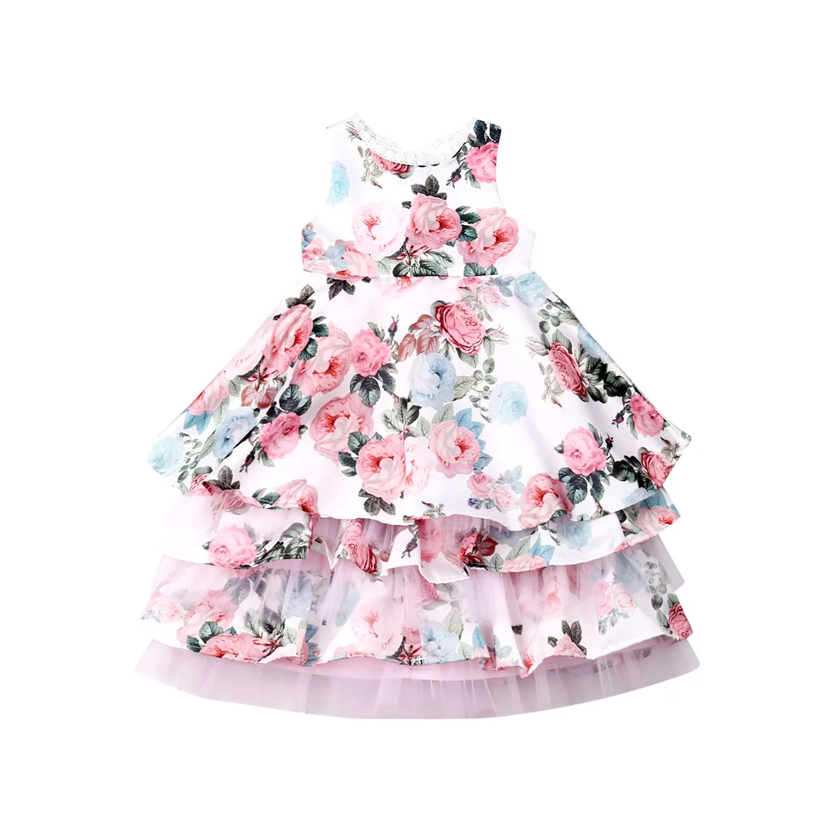 

Princess Kids Baby Girl Sleeveless Lace Floral Ball Gown Cake Dress Formal Pageant Party Dresses Age 3-8Y