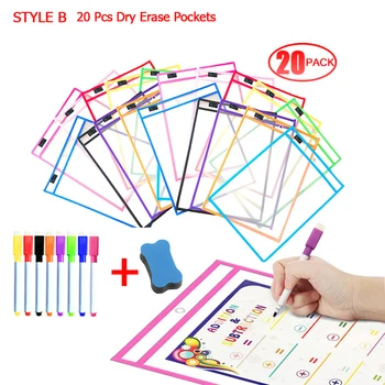 

20 PCS Reusable Dry Eraser Pockets With Pen PVC Transparent Write Wipe Drawing Whiteboard Markers Used for Teaching Supplies