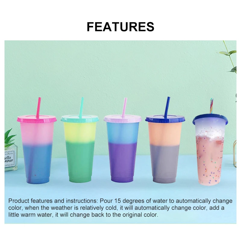 5 Pcs Temperature Sensor Cooling Color Changing Cups 24oz Reusable