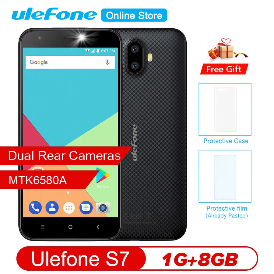 Ulefone S7 две задние камеры Android 7,0 MTK6580A четырехъядерный 5,0 ''HD 8MP 1 ГБ ОЗУ 8 Гб ПЗУ 2500 мАч 3g WCDMA мобильный телефон