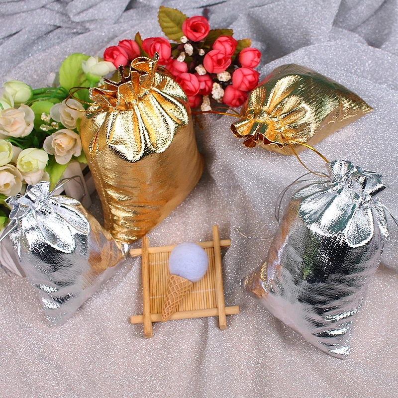 10pcs/Lot Gold Silver Organza Bag Jewelry Packaging Bag Wedding Party Favour Candy Bags Favor Pouches Drawstring Gift Bags 100 pcs organza gift bags for jewelry 8 10cm grey pockets sheer favor pouches with drawstring for package wedding party supplies