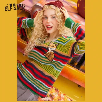 

ELFSACK Multicolor Striped Fox Printed Knitted Pullover Sweaters Women 2019 Winter Colorblock Loose Casual Office Ladies Sweater