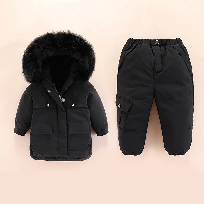 Baby Girls-30 Degrees Winter Warm Down Ski Sets Baby Kids Thickening Down Snowsuits Baby Boys Natural Fur Down Jacket+Pant