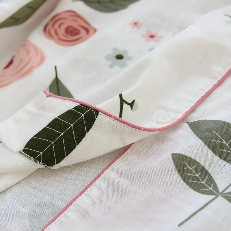 Ladies Pajamas Set 100% Gauze Cotton Cartoon Rose Printed 2Pcs Turn-down Neck Shirt+Pants