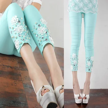 

New 2020 Spring and Summer Cool Fruit Color Hand-Stitched Crystal Pearl Outer Wear Leggings Slim Pencil Pants Womens Clothing