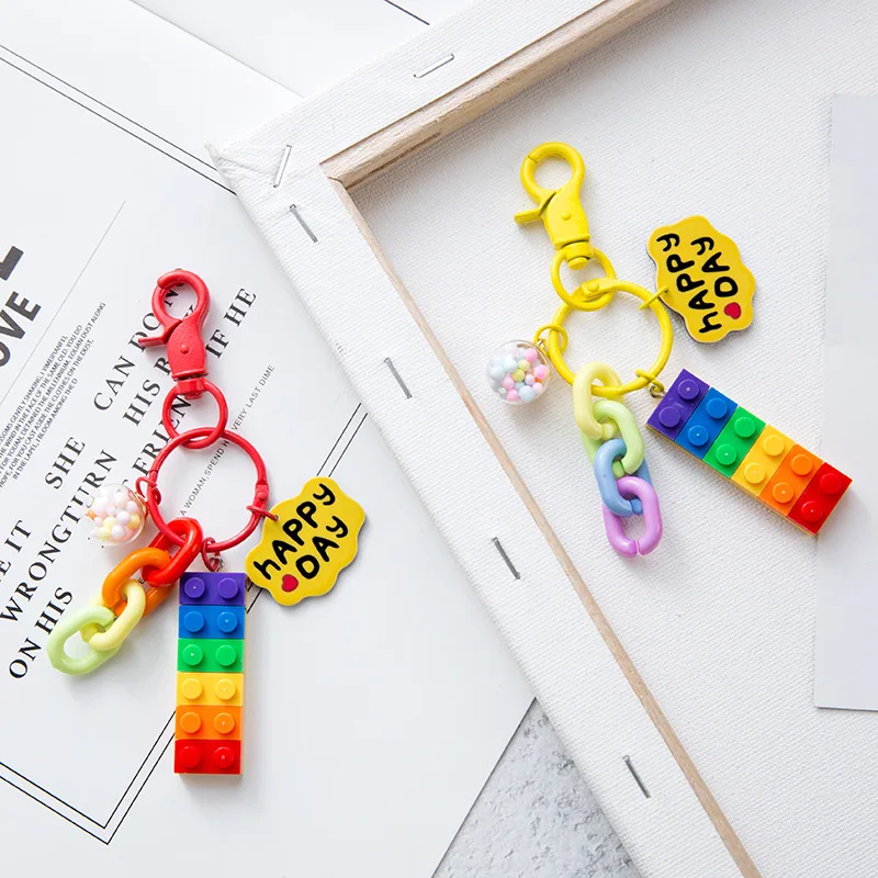 

Cute Building Block Rainbow Bell Pink Keychain Pendant Decoration Bag Car Key Ring Cartoon Creative Party Gift Birthday Gift