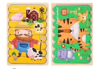 Double Sided Strip 3D Puzzles Baby Toy Wooden Montessori Materials Educational Toys For Children Large Bricks Kids Learning Toys Deep Blue