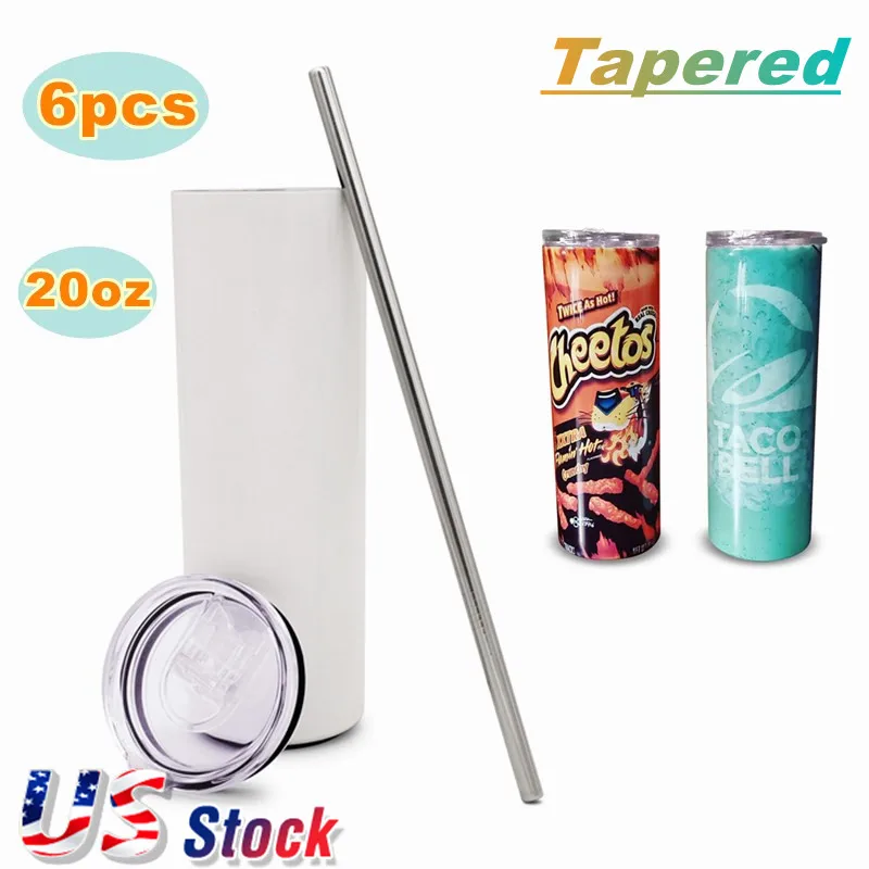 Wholesale 20oz Bulk Sublimation Blank White Skinny Tumbler Stainless Steel  Tapered Water Bottle Cups With Lid and Straw