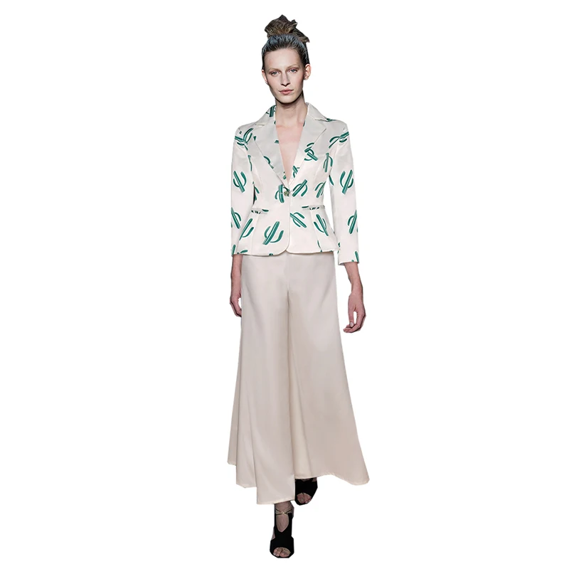 

plus size quality luxury matching pants sets for women v neck 3/4 sleeve single button floral print beige blazer wide leg long p