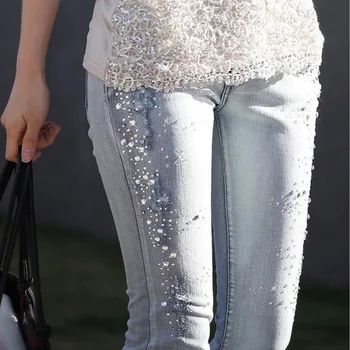 

Weigou women diamond drilled hole jeans woman pencil pants women Jeans Ripped denim trousers with Rhinestone Denim Pants Woman