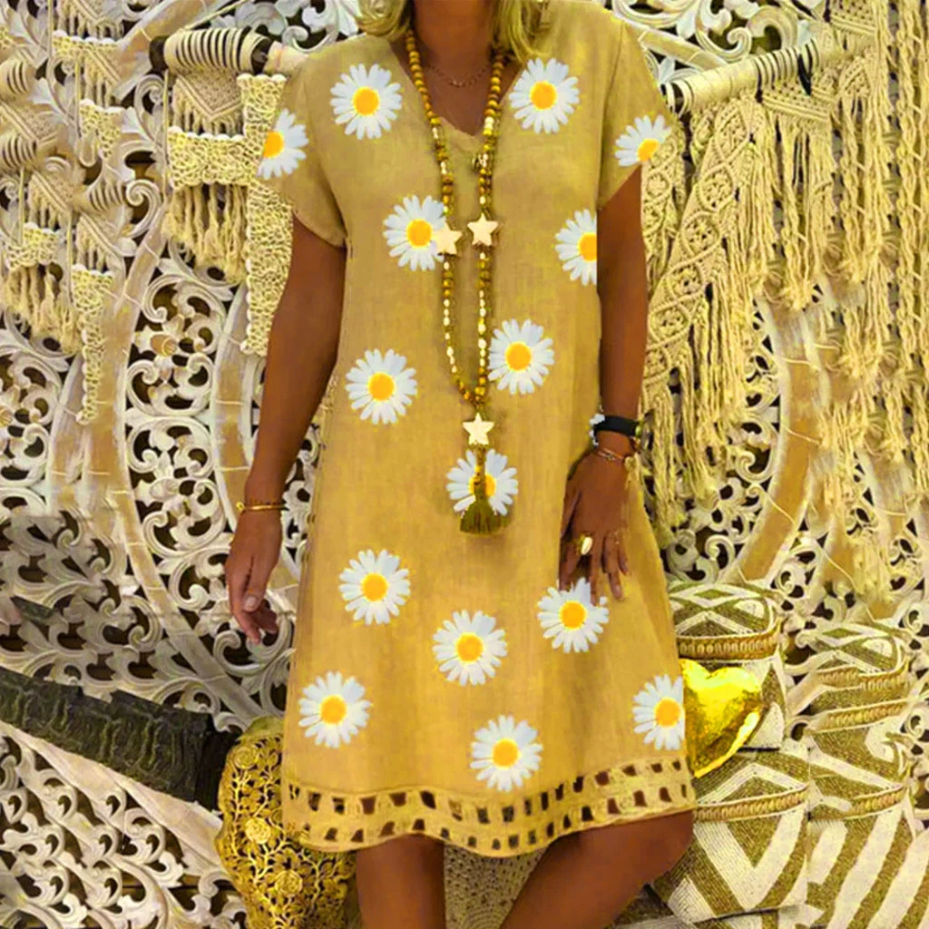 Summer Cotton Short Sleeve Midi Dress munimoro.gob.pe