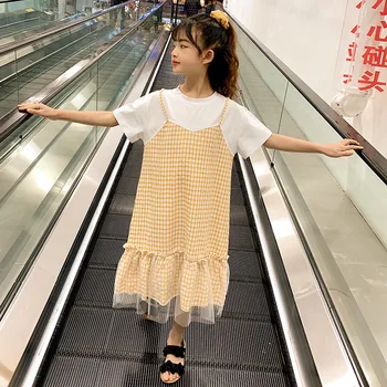 

2020 Summer Girls Plaid Dress Korean Style Teen Girls Patchwork Casual Dresses Kids Mesh Princess Dress Children Clothing, #8897