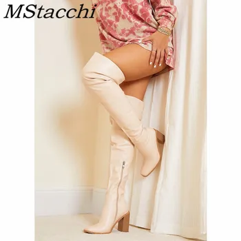 

MStacchi Fashion Over-knee Boots Women Square Toe Chunky Heel Black Plush Zipper-Side Boots 2020 Winter New Style Boots Women
