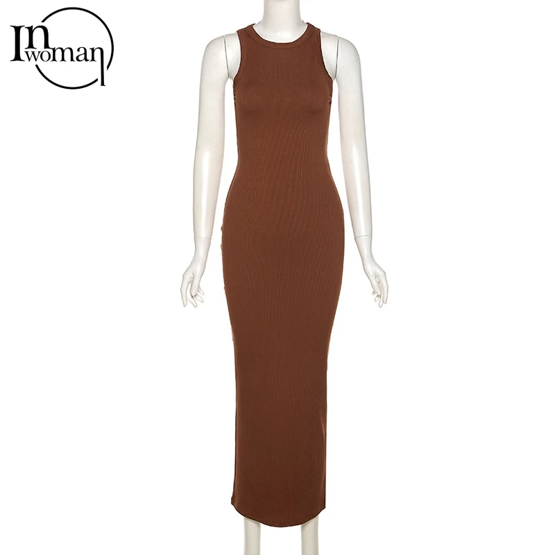 Inwoman Ribbed Knitted Summer Black White Maxi Dress Women 2021 Sexy Party Bodycon Long Dress Sundress Ladies Brown Wrap Dresses red dress