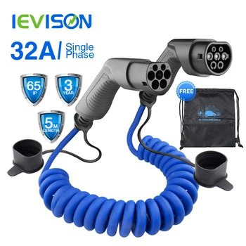 

IEC 62196-2 EV Charging Coiled Cable For Stations Electric Car Spiral Cord Charger Type 2 To Type 2 32A 7.2KW 5m Bule