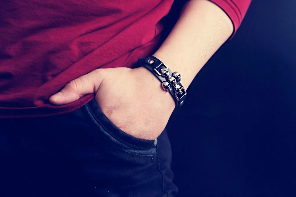 Free Shipping Skeleton Skull Punk Gothic Rock Leather Belt Buckle Bracelets For Women Men Bracelets & Bangles S301 - Image 4