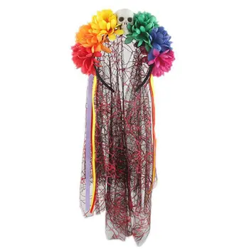 

Women Girl Halloween Artificial Rainbow Flower Headband with Skull Face Lace Veil Ribbon Day of The Dead Cosplay Crown Hair Hoop