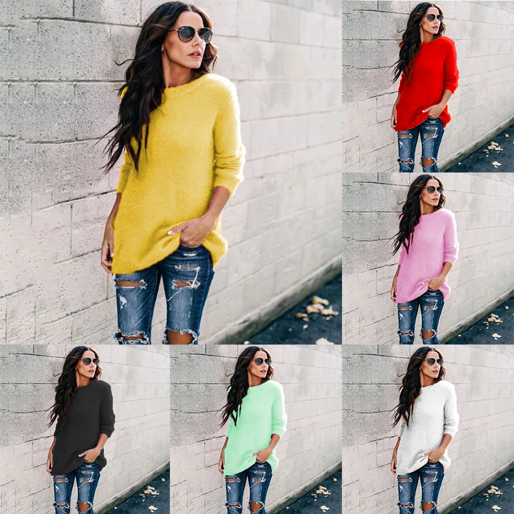 

Round Neck Splicing Pullovers Solid Color Women Fashion Soft Comfortable Knitting Casual Sweater Autumn And Winter