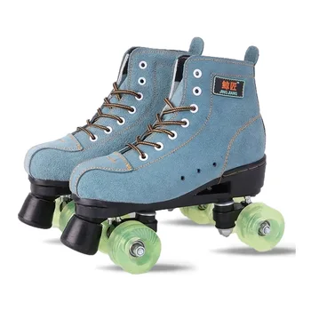

Japy Artificial Leather Roller Skates Green Double Line Skates Men Adult Two Line Skating Shoes Patines With Black PU 4 Wheels