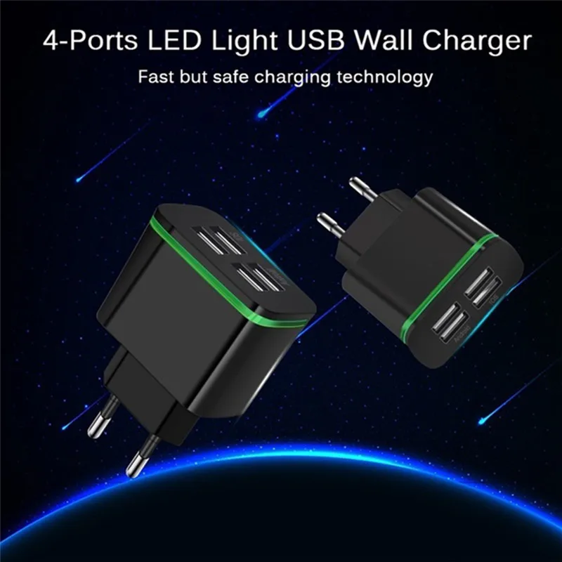 

5V 4A Quick Charger EU Plug 4-Port USB Charger Adapter Travel Wall Phone Charger With LED Light For IPhone Tablet Smartphones