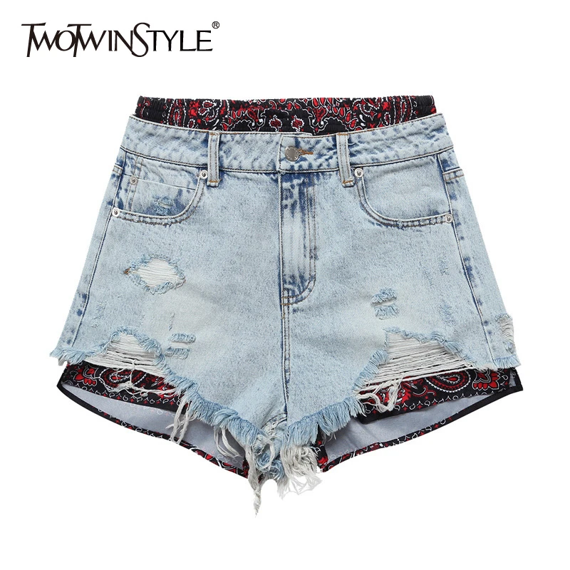 TWOTWINSTYLE-pantalones cortos de cintura alta para mujer, sexys con dibujo de almazuela, Color de golpe, rasgados, con borlas, Vaqueros cortos holgados para mujer - AliExpress Ropa de