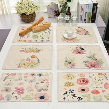 

1Pcs Bird Pattern Kitchen Placemat Cotton Linen Flower Pad Dining Table Mats Coaster Bowl Cup Mat 42*32cm Home Decor MP0097