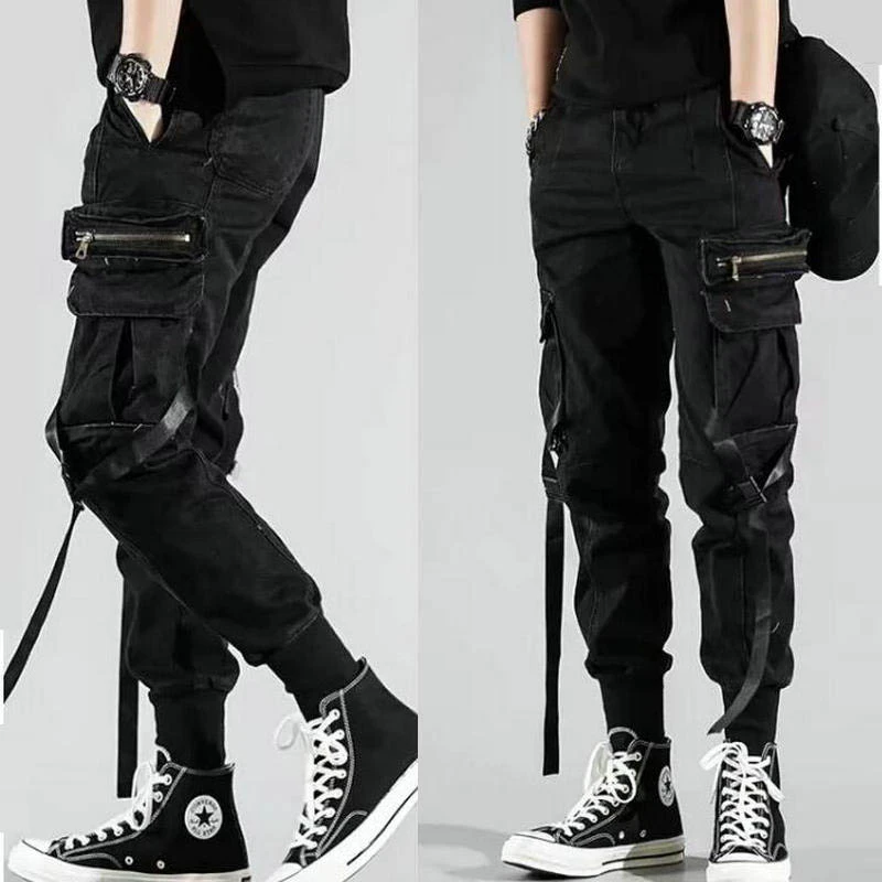 Pantalones de harén bolsillos laterales para hombre 2019 otoño Hip Hop diseño de cintas informales pantalones de chándal hombre moda Pantalones de calle negro|Pantalones - AliExpress