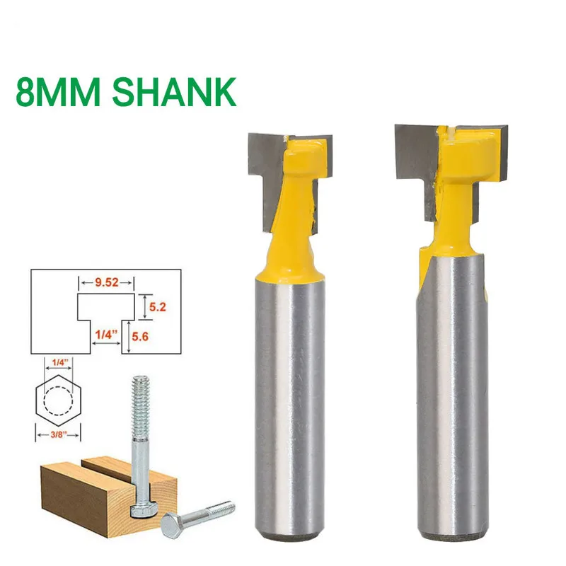 

2pcs/set 8mm Shank T-Slot Keyhole Cutter Wood Router Bit Carbide Cutter for Wood Hex Bolt T-Track Slotting Milling Cutters