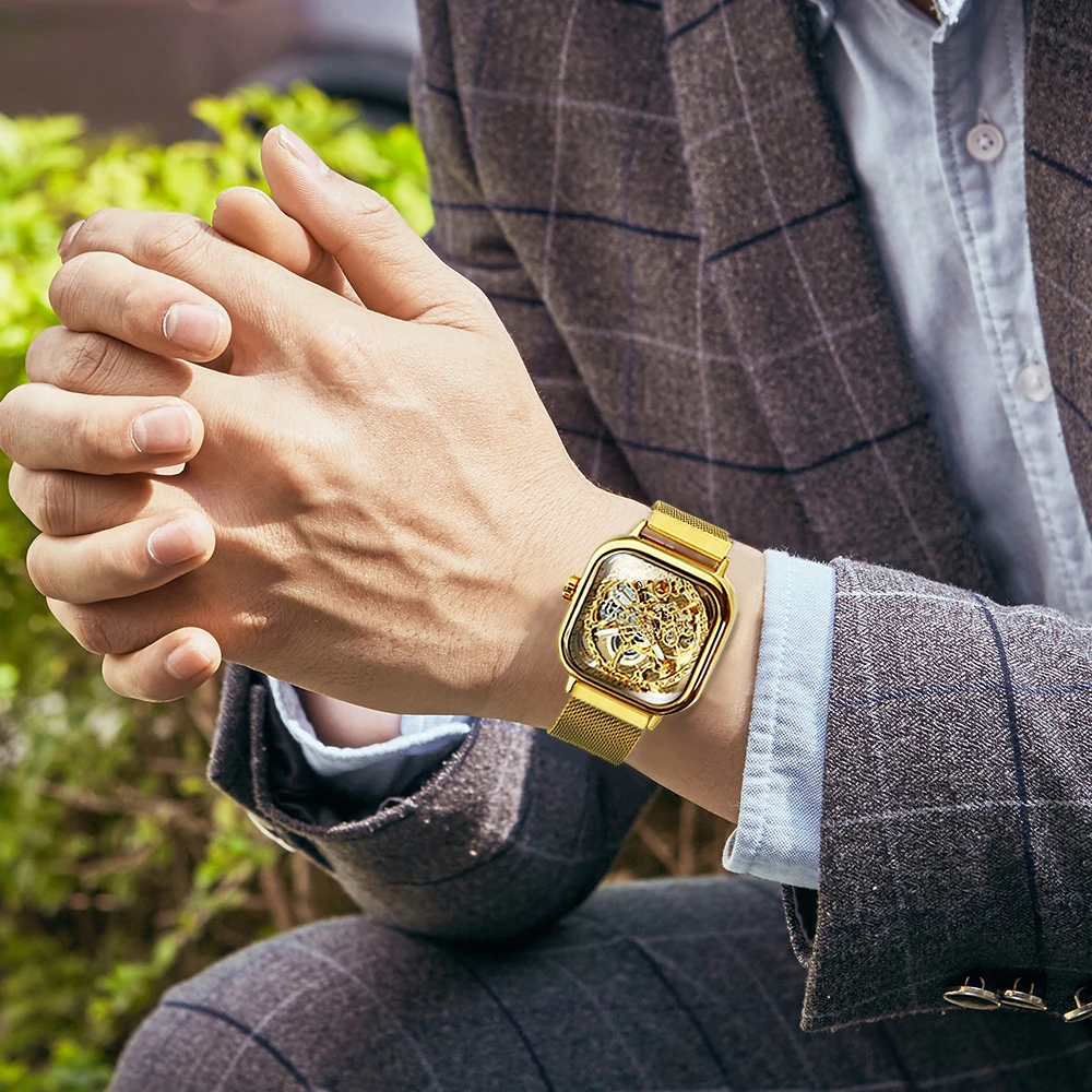 Watches Mens Automatic Mechanical Watch Gold Transparent Mesh Steel Wristwatch Skeleton Forsining mechanical watch