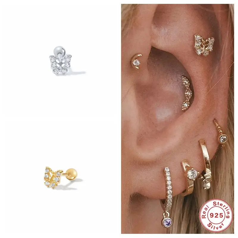

GS S925 Sterling Silver Individual Hollowed-Up Butterfly Studded With Diamonds Piercing Cartilage For Women Stud Earrings