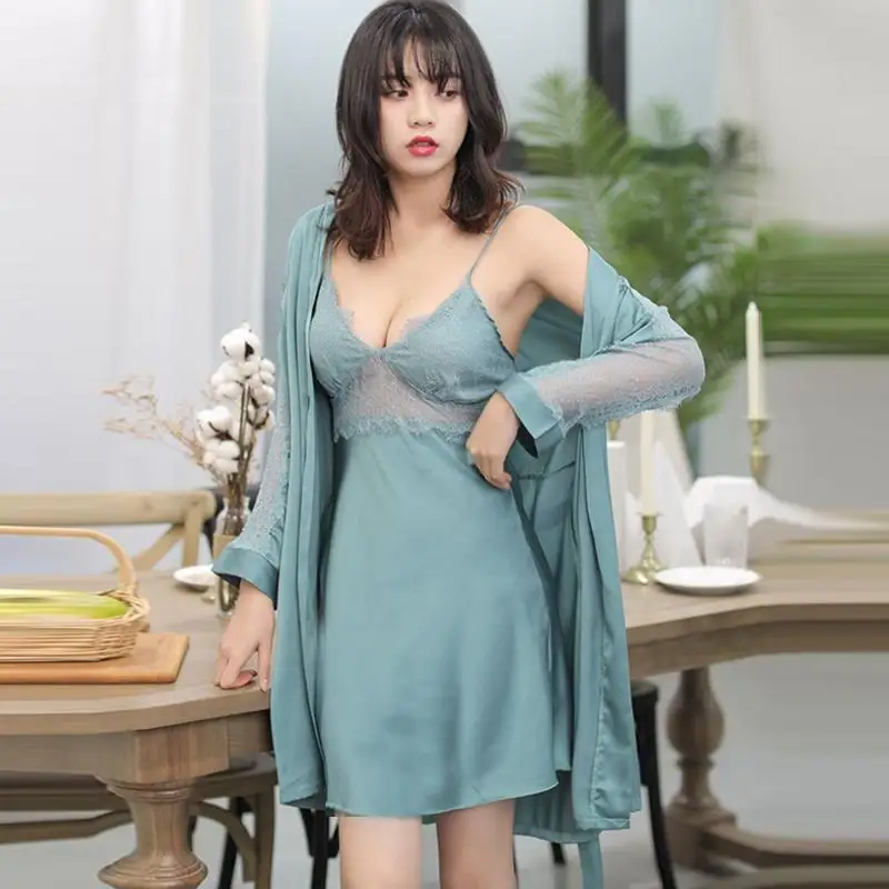 Purple Sexy Womens Night Robe Strap Top Pajamas Summer Lace Two Piece Sleepwear Sets Home Wear Nightwear Sleep Kimono Bath Gown - Цвет: Light Blue Green