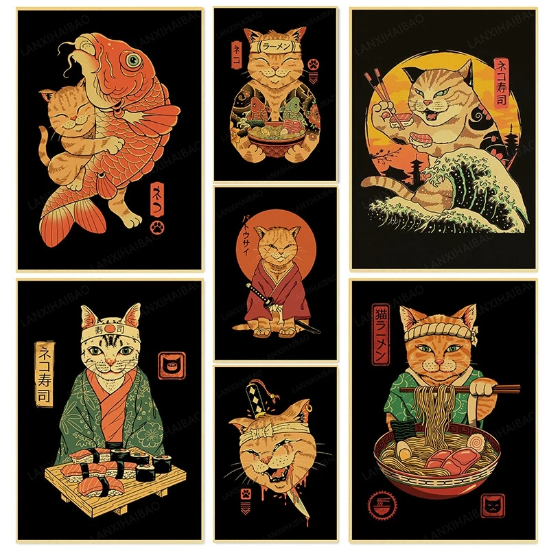 Home Decor Posters Retro Posters Bar decoration Japanese style Samurai cat Hand-Pulled Noodle octopus Waves Abstract Home Decor