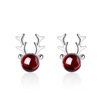 

Sweet Elk Antler Deer Simulate Red Garnet Earrings For Women 925 Sterling Silver Stud Earrings Christmas Jewelry Gifts Oorbellen