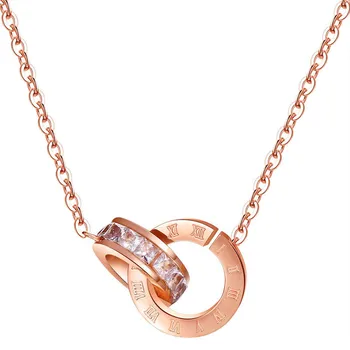 

Classic Two Circle Crystal Roman Numerals Double Buckle Woman Necklace Roman Numeral Flower Clover Necklace